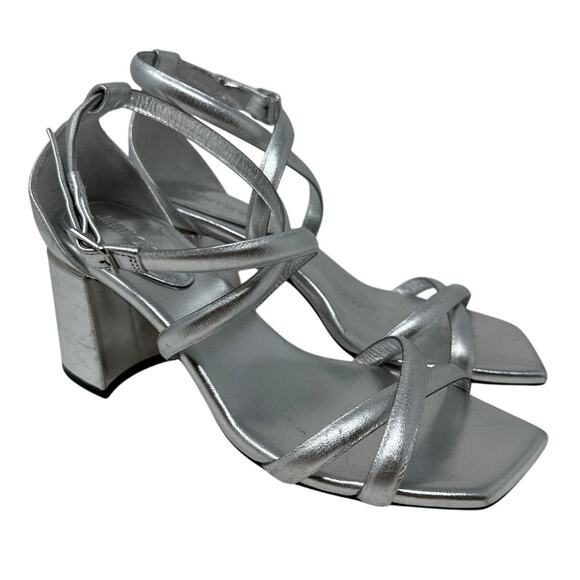 Jimmy Choo Rheea Metallic Block Heel Sandals Womens Size 37 US 7 Silver *READ - Picture 1 of 9